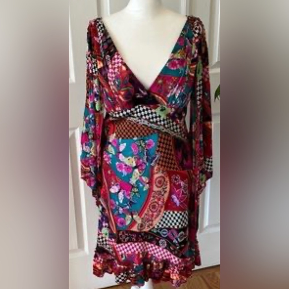 Vibrant Multi-Color Floral Patchwork Wrap Dress-r… - image 1